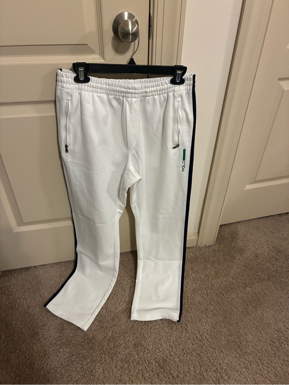 Polo by Ralph Lauren White Track Pants with Navy Side Stripe